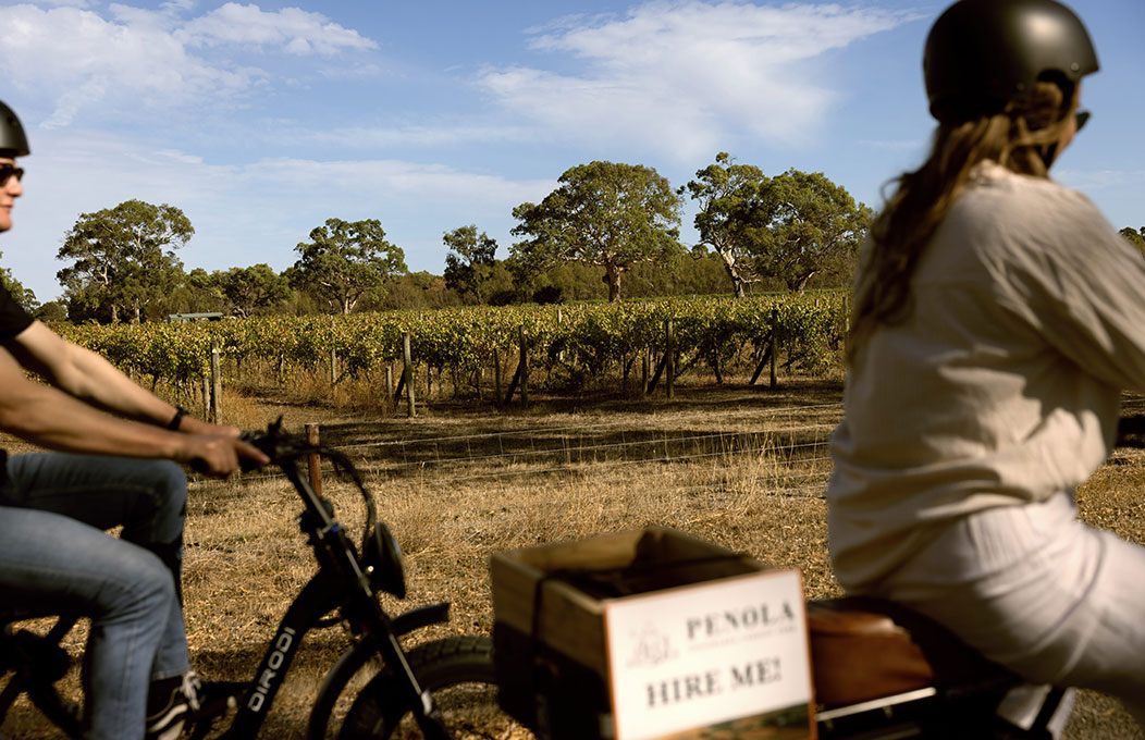 Two people ride e-bikes through Penola with the vines in the background