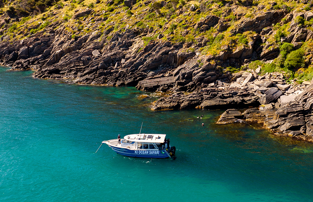 Tour boat floats offshore at secluded beach