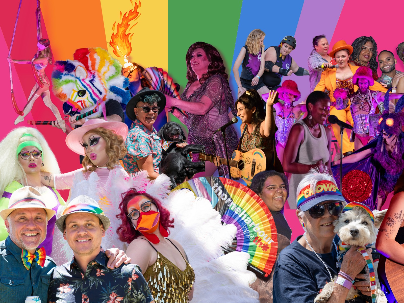 A colourful collage of performers in front of a hot pink and rainbow background.